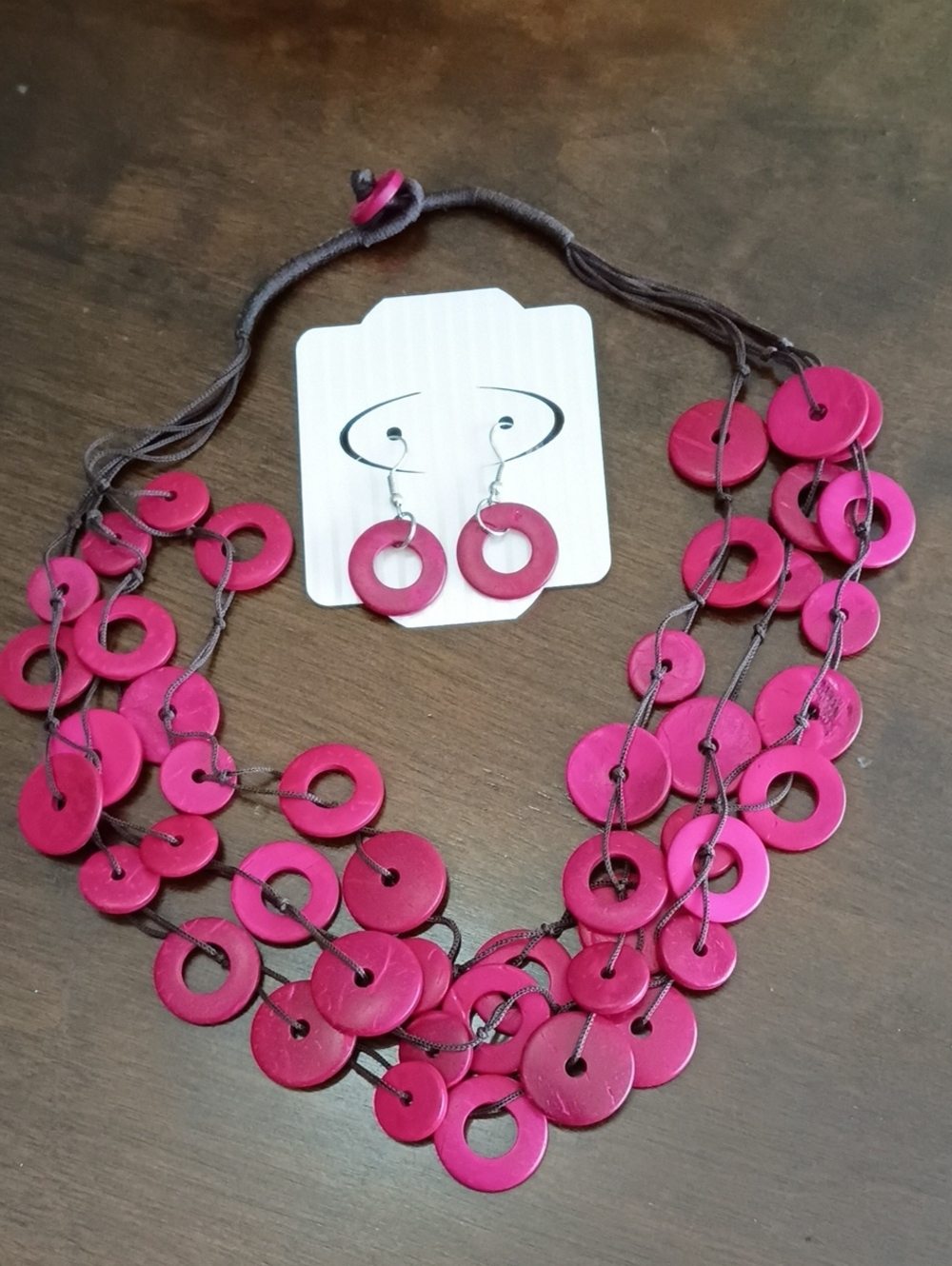 Boho Magenta Disc Necklace and Earrings Set New